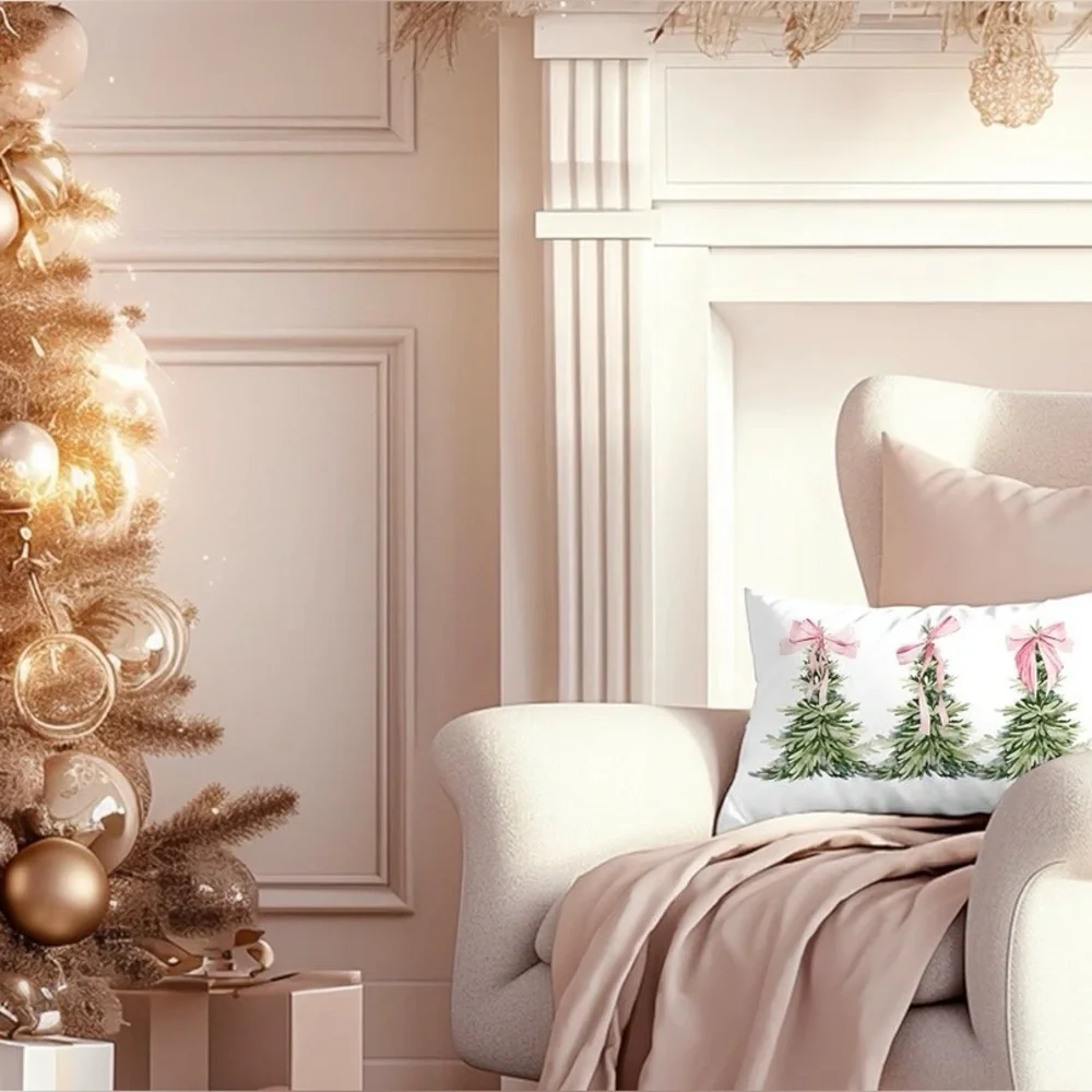 Holiday Pillow Cover Set‎ of 2 with Pink Bow Christmas Trees - Unknown Brand